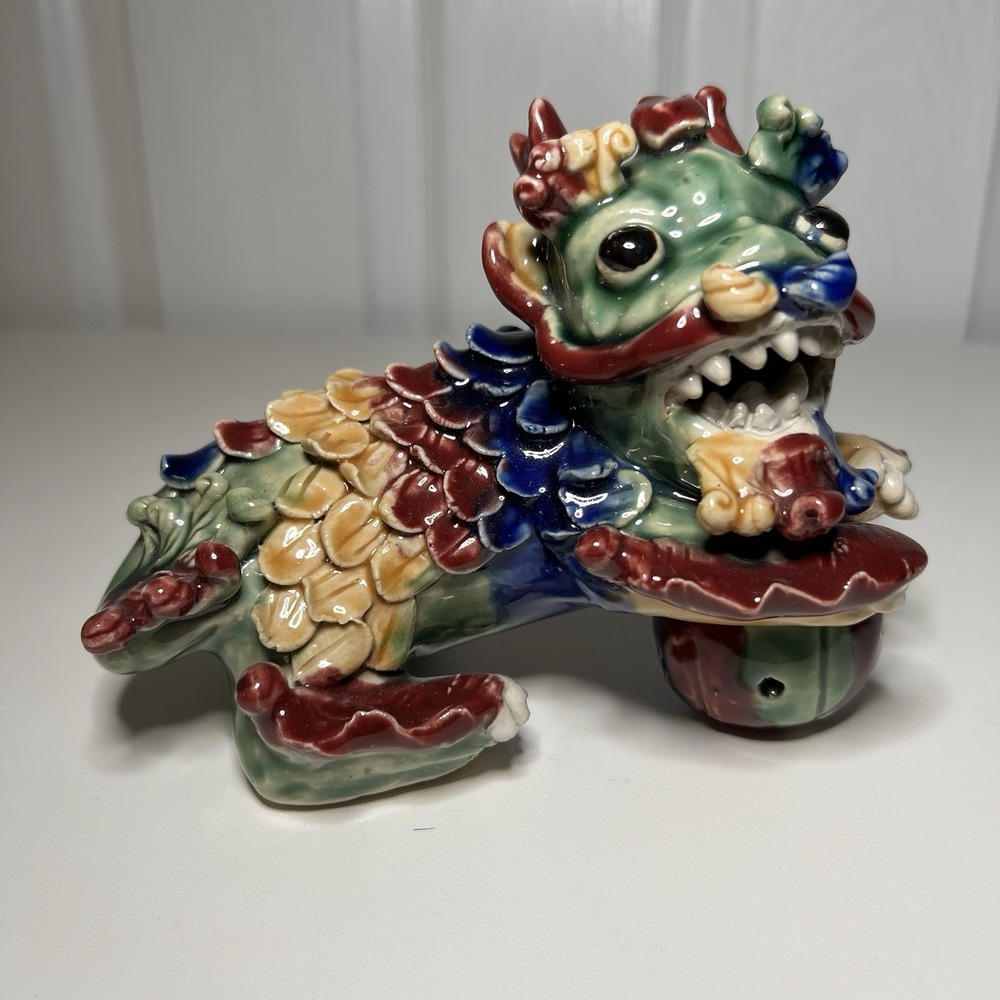 Vintage Chinese Ceramic WuCai Foo Dog Statue Multicolor Glaze 6" Guardian Lion